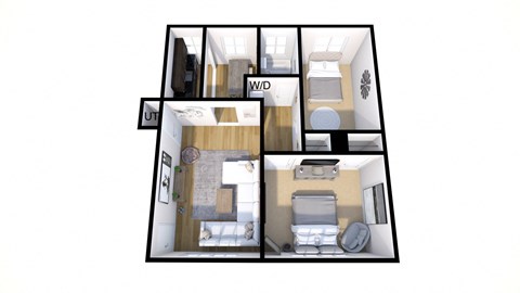3d floor plan of a small apartment with a bathroom and a bedroom